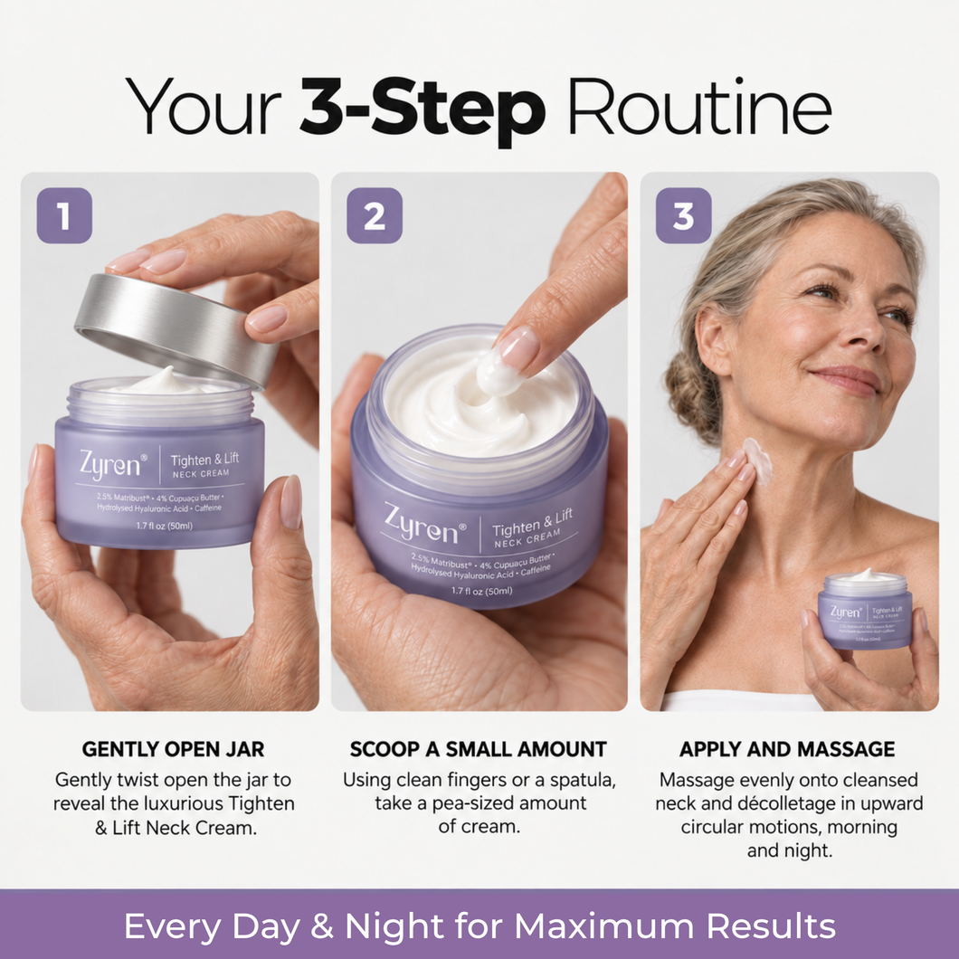 Your 3-Step Routine for Zyren Tighten & Lift Neck Cream: open the jar, scoop a small amount, massage onto the neck