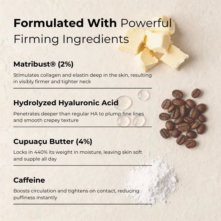 Formulated With Powerful Firming Ingredients: Matribust, hydrolyzed hyaluronic acid, cupuaçu butter and caffeine