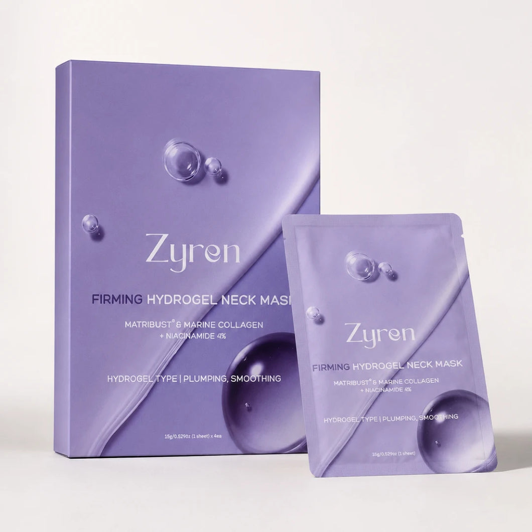 Zyren Firming Hydrogel Neck Mask box with a single sealed mask sachet in front of it