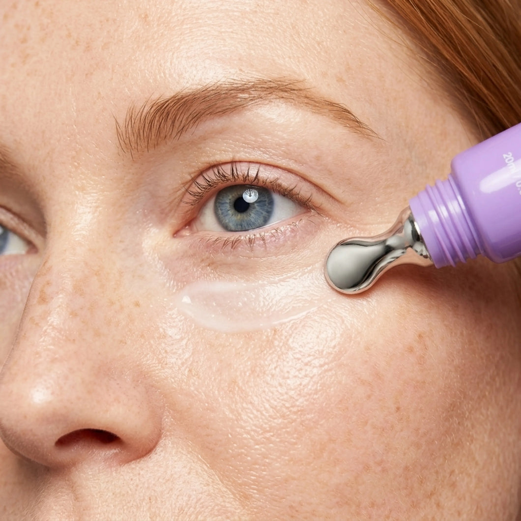 The metal-tip applicator of Zyren Contour Lift Eye Cream spreading cream under a woman's eye
