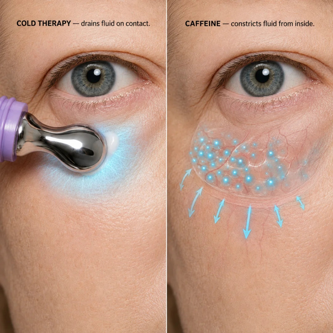 Close-up of the cooling metal tip gliding under the eye