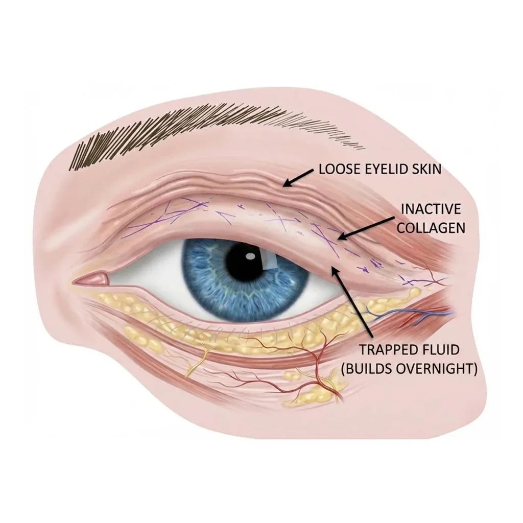 Eye diagram — loose lid skin, collapsed collagen, trapped fluid