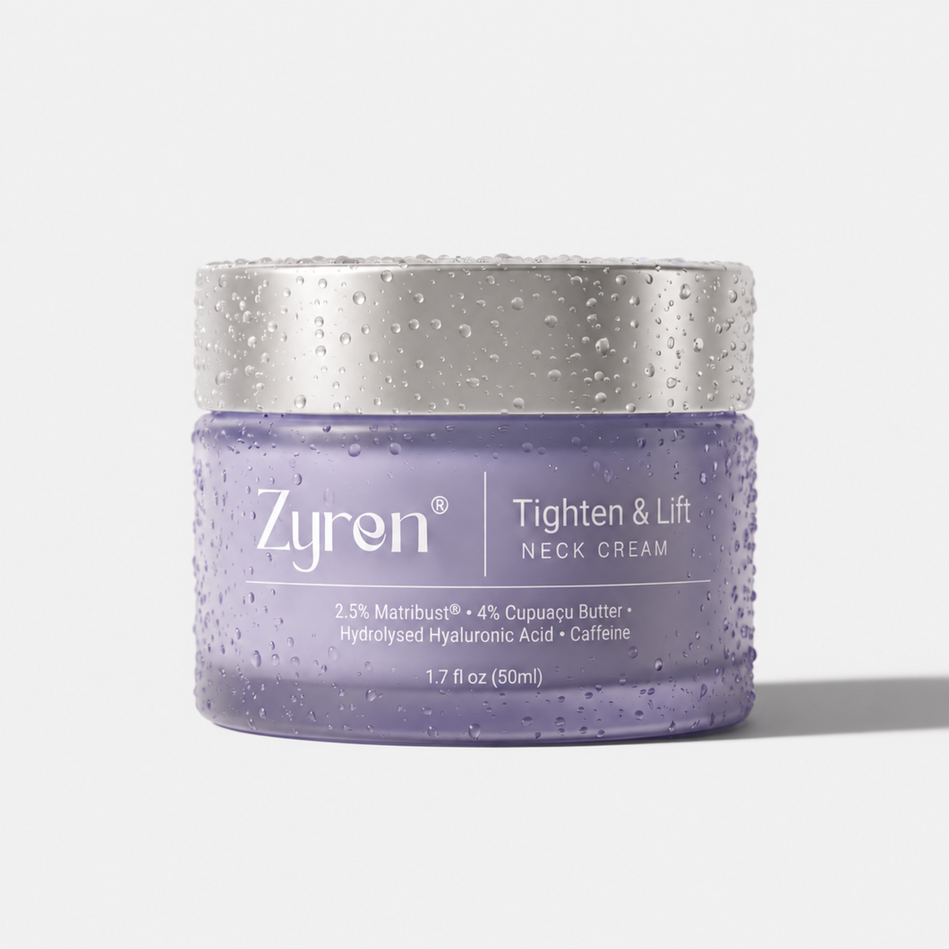 Zyren Tighten & Lift Neck Cream 50ml jar with a silver lid and water droplets on a white background