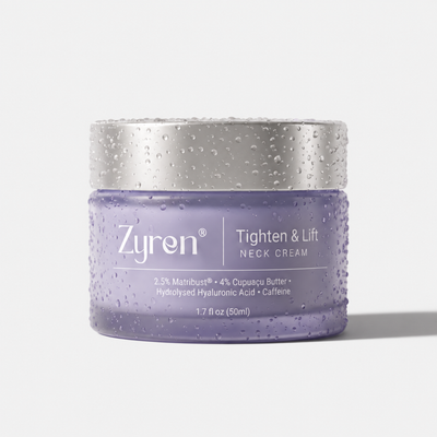 Zyren Tighten & Lift Neck Cream 50ml jar with a silver lid and water droplets on a white background
