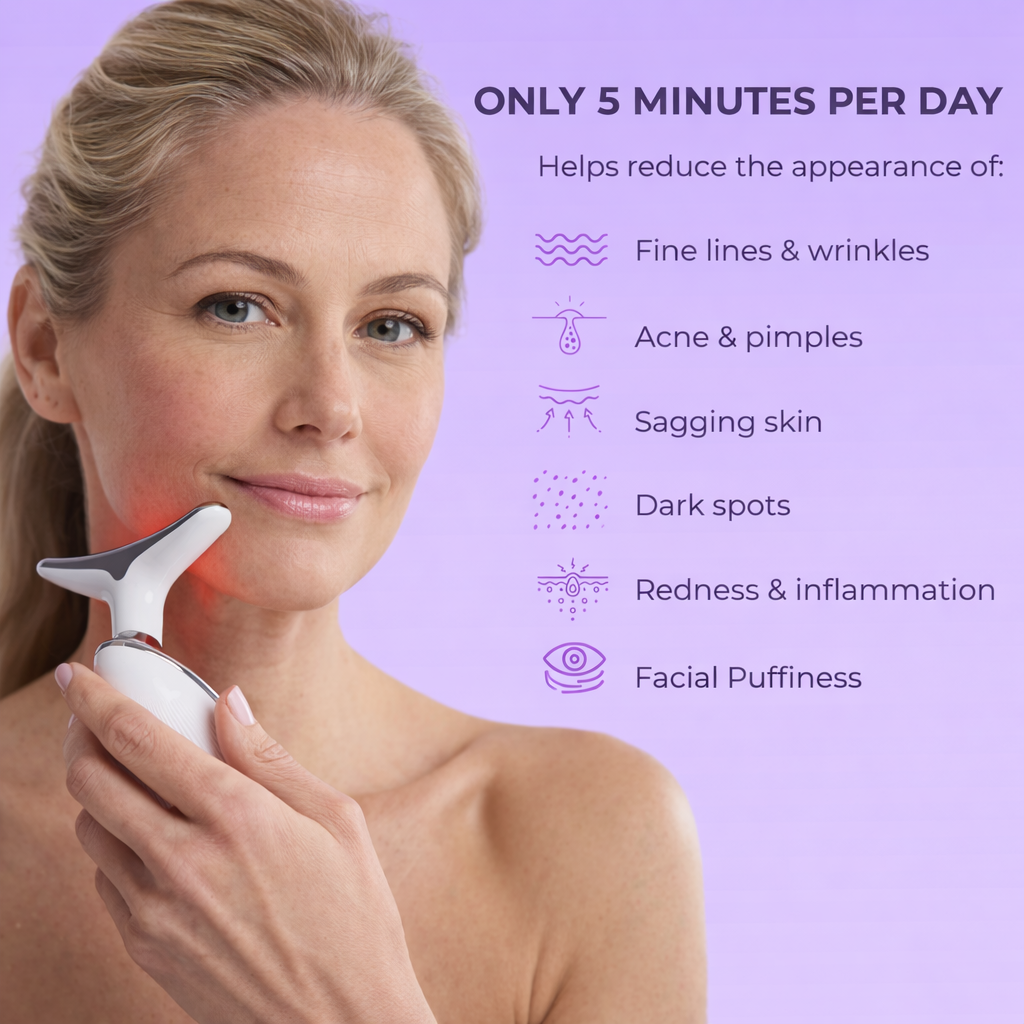Woman holding the Zyren 7-in-1 LED Facial Sculptor to her jaw beside the heading Only 5 Minutes Per Day