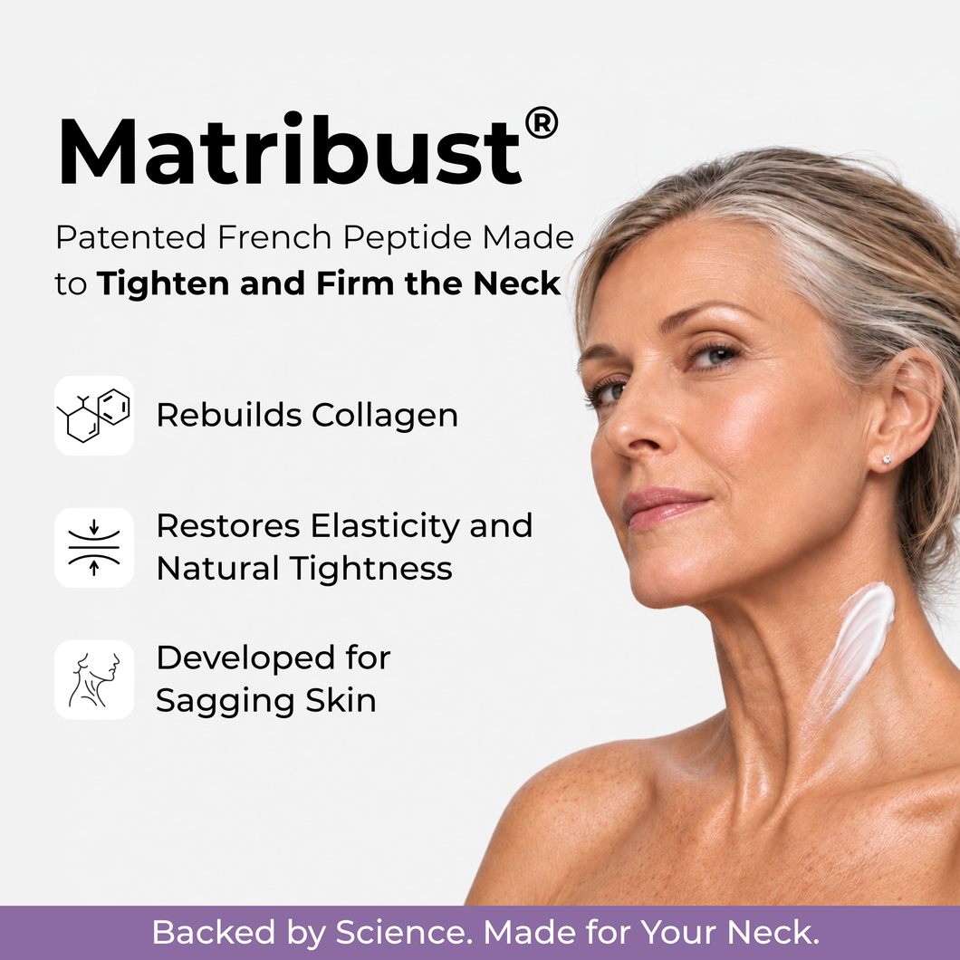 Matribust infographic: the patented French peptide in Zyren Tighten & Lift Neck Cream, woman applying cream to her neck