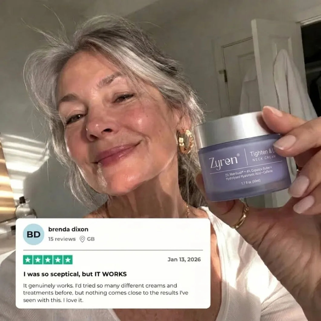 Smiling woman holding a Zyren Tighten & Lift Neck Cream jar with a 5-star review: I was so sceptical, but IT WORKS